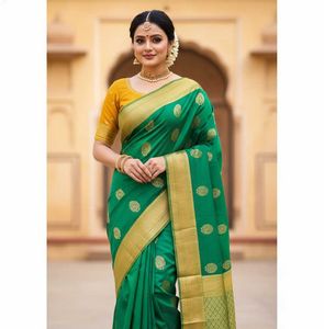 Elegant Green Silk Saree mustard blouse