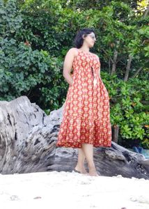 Rust &amp; Yellow Ethnic Print Midi Dress