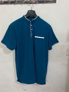 Stylish Blue Mandarin Collar Shirt
