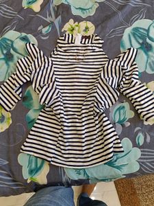 Black &amp; White Striped Cold-Shoulder Top with Ruffl