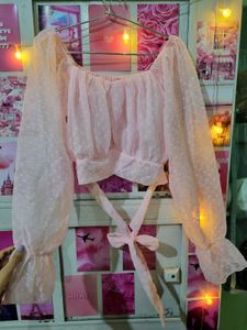 Pink Sheer Crop Top With Waist Ribbon