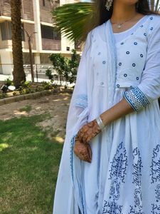White Printed Anarkali Kurti Set