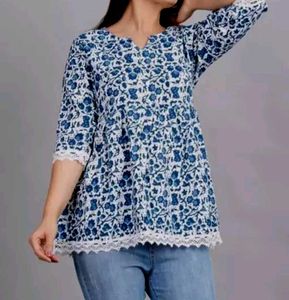 Blue Floral Lace Trimmed Top