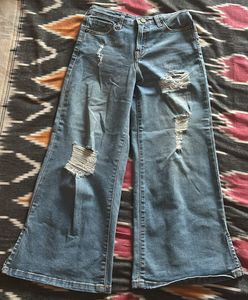 Wide Leg Blue Ripped Jeans