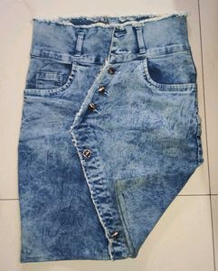 Acid Wash Denim Skirt with Asymmetrical Button Det