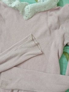 Pink Sweater Top With Lace Detailing Collar