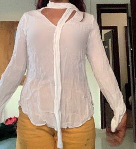 Elegant White Tie Neck Blouse