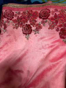 Pink Floral Embroidered Fabric Saree