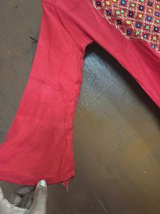 Red &amp; Blue Embroidered Kurti with Skirt