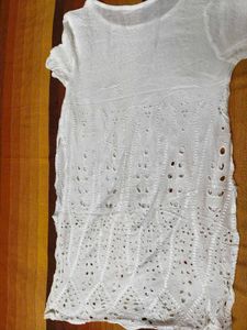 Women White Cutout Style Rayon Casual Tunic Top