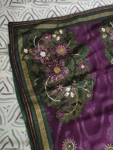 Purple and Green Embroidered Saree