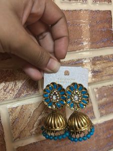 Blue &amp; Gold Jhumka Earrings
