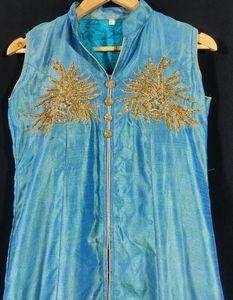 Dark Cyan Embroidered Front Open Kurti, Skirt &amp; Du