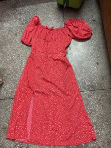 Red Ditsy Slit Cut Print Dress