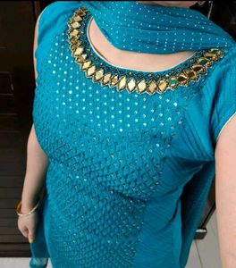 Women Teal Blue Sequence Chanderi Cotton Suit Set