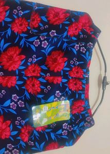 Navy Blue Color Pink Flower Printed Winter Legging