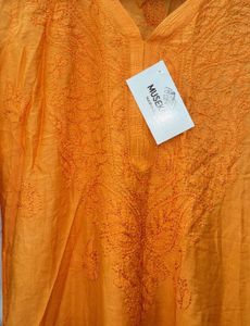 Chanderi Silk Orange chikankari Kurti