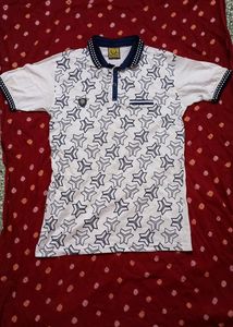 Boys White And Navy Blue Casual Polo Tshirt