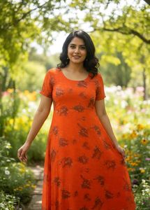 Elegant Orange Floral Print Dress
