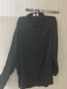 Women Plain Black Satin Korean Shirt