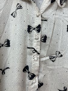 Bow Print Ruffle Korean Top