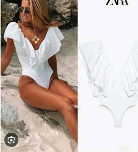 ZARA White Ruffle Bodysuit Top