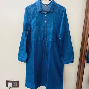 Women Blue Pure Cotton Solid Denim Shirt Dress