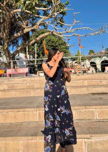Navy Blue &amp; White Floral Print Tiered Maxi Dress