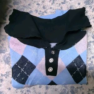 Corset Baby Pink And Purple Argyle Knit Polo Top