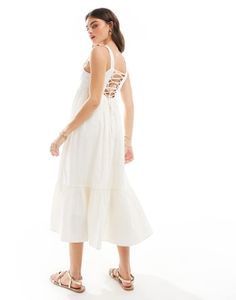 NEW LOOK Square Neck Back-Tie Midi Dress in White