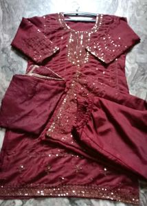 Maroon Embroidery Work Dress 👗