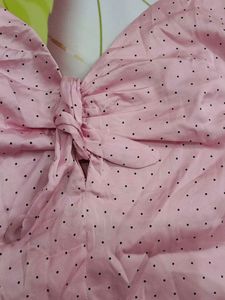 (514)Pink Polka Dot Tie-Front Crop Top