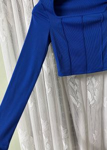 Blue Ribbed Square Neck Crop Top