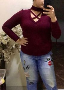 Shein Burgundy Crisscross Mock Neck Top