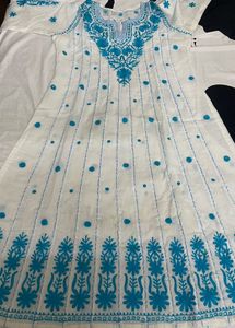 White & Blue Embroidered Kurti Dress