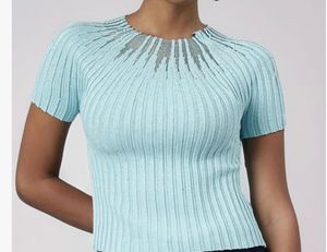 Aqua Ribbed Top with Sheer Detail