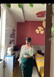 Green Printed Crop Top And A-line Skirt