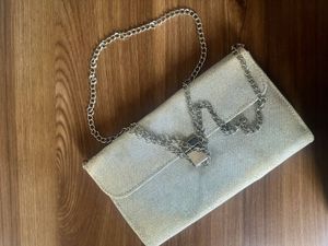 Silver Color Hand Clutch With Chain Strap