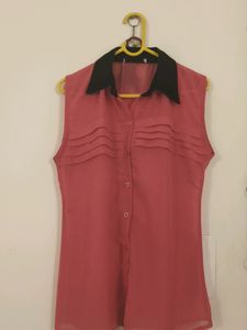 Sleeveless Coral Pink Shirt with Black Collar