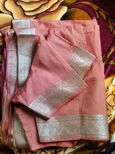 Peach Saree with Silver Border