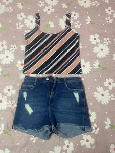 Striped Top & Denim Shorts Set