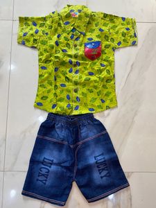 Lime Green Half Shirt 👕 Set With Jeans Shorts 🩳