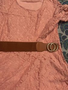 Knee Length Net Bright Peach Dress With Brown Belt