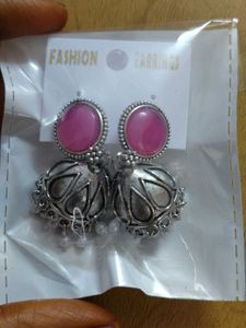 Pink Stone Oxidized Silver Jhumka Earrings