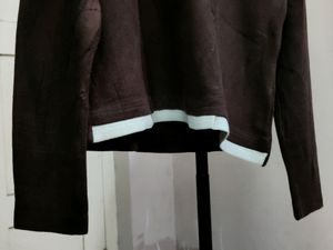 💥BUY1GET1💥 imported brown quarter-zip hoodie with white trim.
