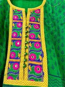 Bottle Green Kurti With Yellow Embroidery