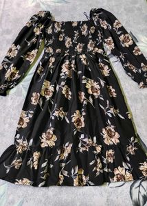 Floral Print Smocked Black Dress