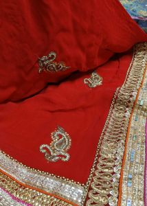 Breathtaking Red Saree+Beautiful Adjustable Blouse