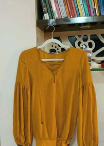 ZARA Mustard Bodysuit Blouse with Balloon Sleeves
