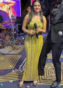 Elegant Yellow & Green Striped Gown